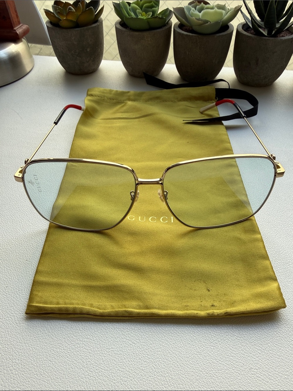 Gucci Gold Metal Frame Glasses with Red Temple Tips